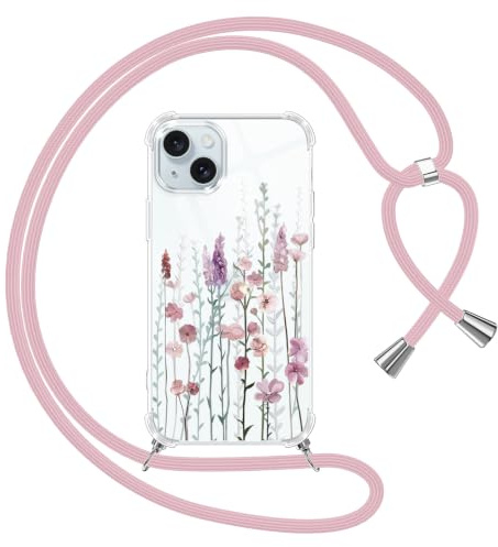 Yoedge Handyband Handyhülle für iPhone 15 6,1 Hülle mit Band, Weiche Silikon TPU + PC Stoßfest Schutzhülle mit Kordel zum Umhängen, Durchsichtig Case Cover mit Aesthetic Muster, Blumen 3