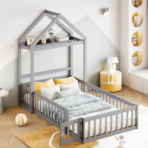 WIZBED Kinderbett 90 x 200 cm, Hausbett mit Zaun, Türen und Lattenrost, Jugendbett Spielbett Holzbett, Bodenbett Bettgestell Flachbetten für Haus Kinder Jungen & Mädchen, ohne Matratze