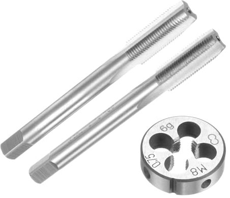 QUARKZMAN Juego de 3 Piezas de Machos y Terrajas Métricas, M8 x 0.75, Machos Cónicos/Intermedios y Terraja Redonda, Kit de Herramientas de Roscado Manual para Reparación de Roscas