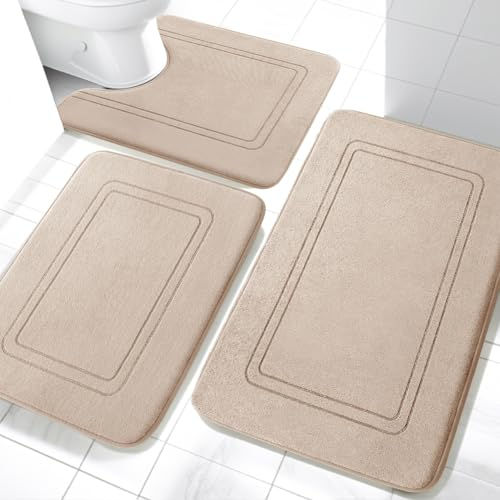 YIHOUSE Badematten-Set aus Memory-Schaum, Badezimmerteppich-Set, 3-teilig, rutschfeste Badematten für Badezimmer, super weich und wasserabsorbierend, maschinenwaschbar, U-Form, WC-Vorleger-Set, Beige