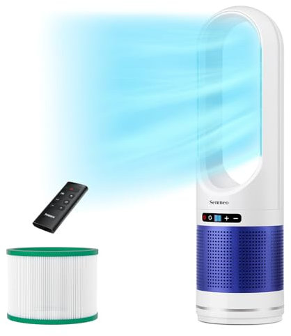 Senmeo 32 Bladeless Tower Fan with Air Purifier, Bladeless Fan with Remote, HEPA Filter for 99.7% Smoke Dust Dander, 8 Speeds, 90° Oscillation, 8 H Timer, LED Display, Air Purifier for Home
