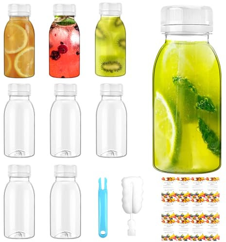JETOP Botellas de jugo de plástico de 200 ml, botellas pequeñas de 100 ℃ con tapas, sin BPA, reutilizables, con tapas, mini botellas vacías de jengibre para leche, jugo, batidos, agua, mini