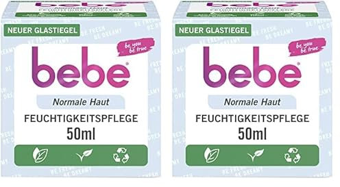 bebe Feuchtigkeitspflege (50 ml), Gesichtscreme für normale Haut mit Pfirsich-Extrakt und Vitamin E, leichte Feuchtigkeitscreme für das Gesicht (Packung mit 2)