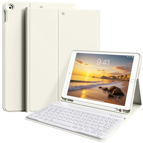 ZKTUYU Tastatur Hülle für iPad 9./ 8./ 7. Generation (2021/2020/2019) mit Stifthalter, Soft TPU Schutzhülle, magnetisch Abnehmbarer Tastatur mit QWERTZ Layout für iPad 10.2 Zoll, Cremeweiß