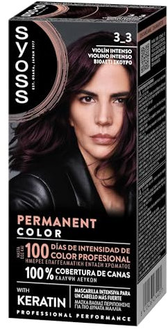 SYOSS Permanent Color 3-3 Violín Intenso, tinte de pelo y mascarilla intensiva con keratina, para una cobertura profesional de canas, color duradero y cuidado intensivo