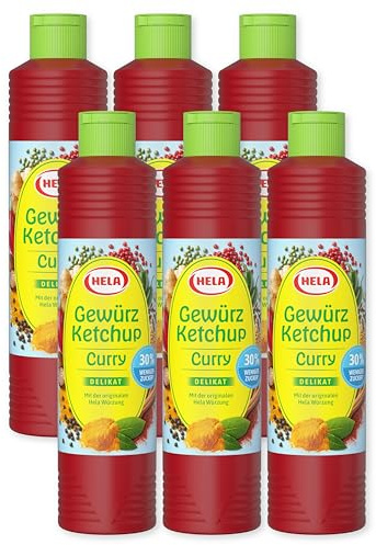 Hela Gewürz Ketchup Curry delikat 6er Pack (6 x 800 ml) 30% weniger Zucker & ohne Süßungsmittel – Die originale Curry Würzsauce für Grillen, Pommes & Dips – Würziger Ketchup Vorratspack