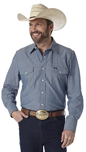 Wrangler Men's Cowboy Cut Western Long Sleeve Snap Work Shirt Firm Finish Shirt, Blue, M