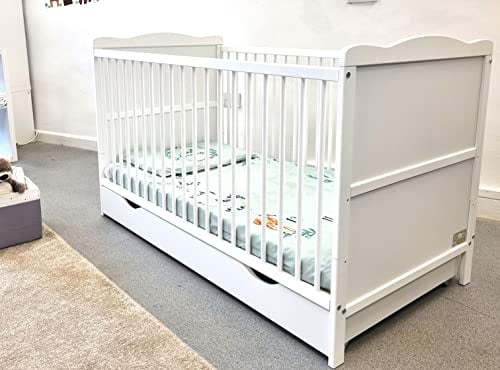 White Wooden 120x60cm Baby Cot Bed with Drawer & Mattress (Cot Bed with Drawer and Sprung Mattress)