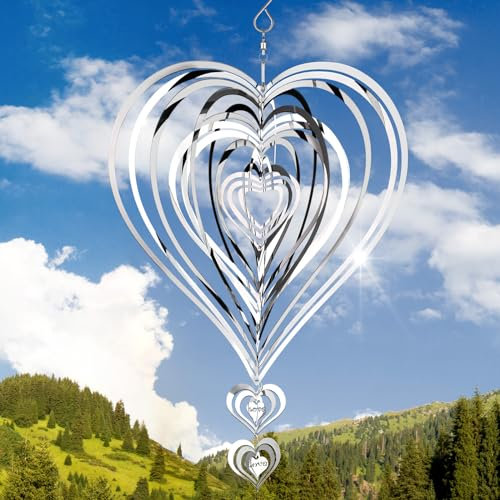 Chitidr Windspiel für den Außenbereich, 3D-Edelstahl, für den Außenbereich, Weihnachten, Herzspiel, hängende Spinner, reflektierendes Windspiel für Hof, Garten, Balkon, Outdoor-Dekoration (Silber)