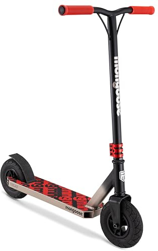 Mongoose Tread Freestyle Dirt Tretroller für Jugend/Erwachsene, ab 8 Jahren, luftgefüllte Reifen, maximales Fahrergewicht 100 kg, Schwarz/Rot
