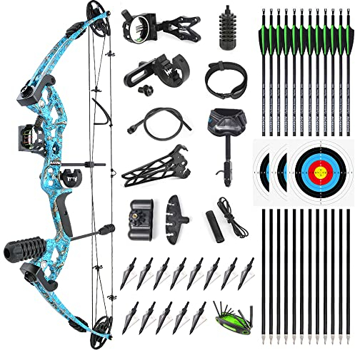 SHARROW Compoundbogenset Jagdbogen 30-55lbs Einstellbar Compound Bogen und Pfeile Set Sportbogen Erwachsene Compound Bögen für Outdoor Bogen Jagd LH/RH (Rechte Hand, Blau)