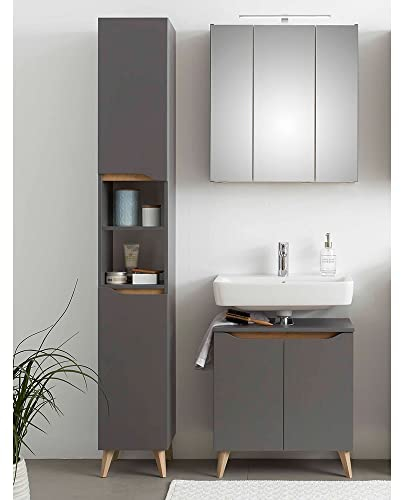Lomadox Badmöbel Set mit Füßen in Holzoptik in Quarzgrau Matt Touch mit Riviera Eiche Nb., B/H/T ca. 110/190/33 cm