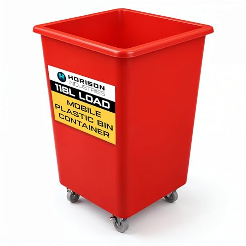 Horison Industries Mobile Bottle Plastic Bin, Red, 118L, 760x465x465mm | Trolley On Wheels, Glass, Recycling Bins, Bottle Skips for Home Bar, Outdoor Bars & Hotels, Heavy Duty Plastic Storage Boxes