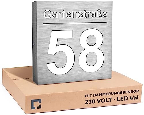 PRINTIMA Premium Gravur Personalisierter Hausnummer Anthrazit Beleuchtet Led Strom 230V, Hausnummernschild mit Dämmerungssensor |30x30cm, 4W/A+++| Wasserdicht, Funktion trifft auf Qualität und Stil