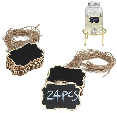 Kcgani 24 Pack Wooden Mini Hanging Chalkboard Signs for Beverage Dispenser
