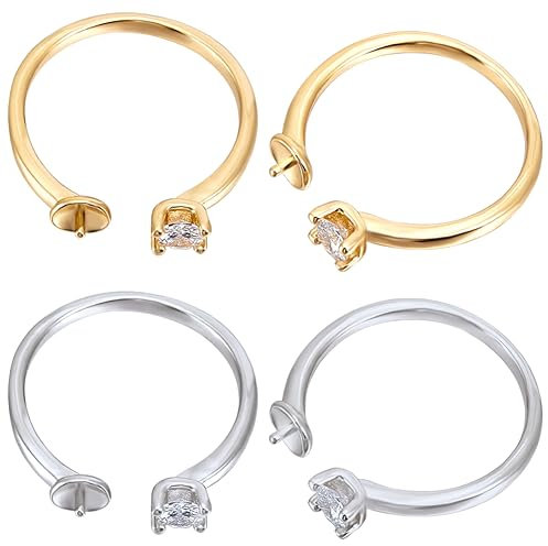 Beebeecraft 1 Box 4 Stück Ringrohlinge 18 Karat Gold Platiniert Zirkonia Verstellbare Fingerring Fassung Für Halbgebohrte Perlenringe Für DIY Schmuckherstellung
