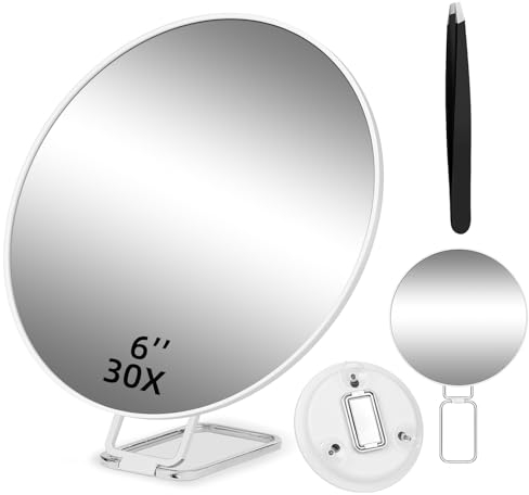 JADAZROR 30-Fach Lupenspiegel mit 3 Saugnäpfeln und 360 ° Einstellbarer Ständer, 15cm kompaktes Make-up-Spiegel mit 30-facher Vergrößerung, Handheld-Reise-Lupe-Spiegel mit Pinzetten
