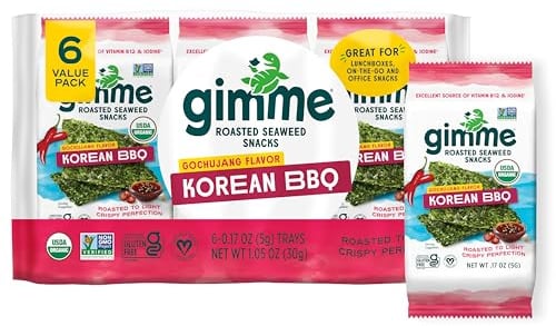 Gimme Algues – BBQ coréen – Lot de 6 – Feuilles d'algues grillées bio – Keto, végétalien, sans gluten, excellente source d'iode et d'oméga 3 – Snack sain à emporter pour enfants et adultes