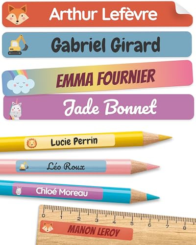 melu kids® Personalised Name Stickers for School & Kindergarten (225 Pieces) - Stick on Name Labels for Pencils and Other School Supplies - Washable in Dishwasher (Colour Mix)