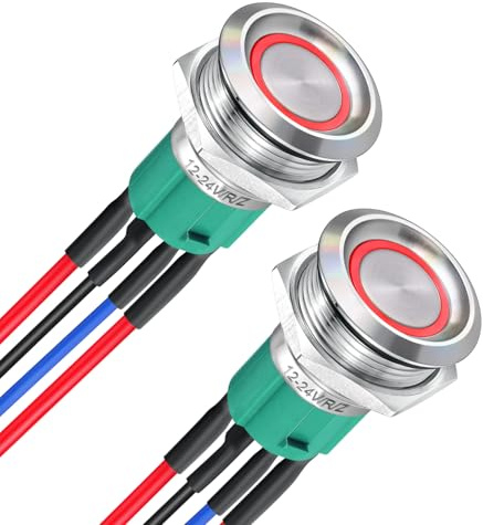 acegoo 19mm 12V Schalter Edelstahl Druckschalter Rund 10A EIN/AUS SPST 12V/24V Taste vorverdrahtete Kabel für Wohnmobil Boot LKW Auto, Rotes Ringlicht (2Pcs, Silber)