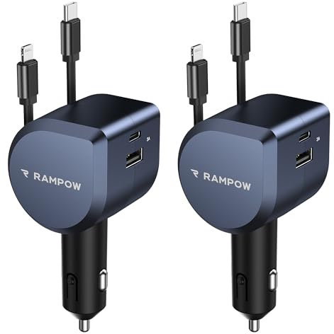 2Pack 100W Zigarettenanzünder USB C, RAMPOW 4in1 Einziehbares Auto Ladegerät, 65W USB-C Schnellladung, BMW Accessoires Car Auto Zubehör Innenraum mit MacBook, iPhone16e 15, Samsung, iPad-Mineralfarbe