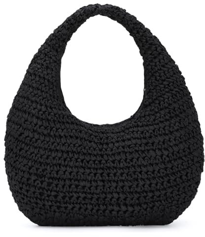 Fecialy Straw Bag for Women Crescent Shoulder Handbag Straw Summer Beach Tote Handbag Raffia Woven Hobo Bag