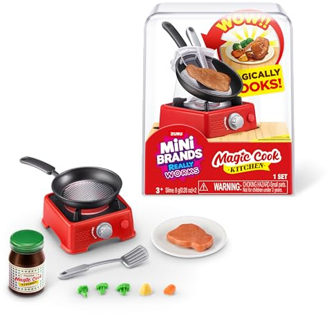 Mini Brands Really Works Magic Cook Kitchen Capsule Série 1 (Steak avec Poêle) de ZURU, Électroménager Miniature Qui Fonctionne Vraiment, Rouge et Noir