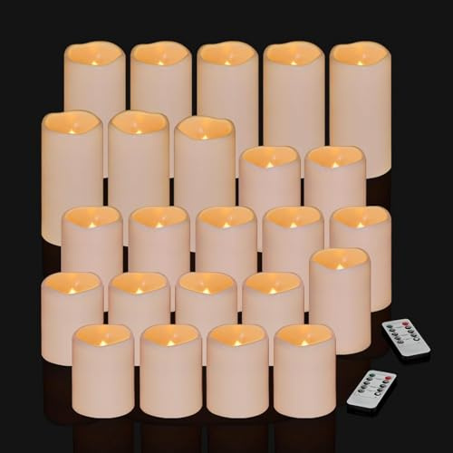 Aku Tonpa 24 Pack Ivory Flameless Candles Set 4 5 6 Outdoor Indoor Pillars 3 Diameter Battery Operated Flickering Candles Include 10-Key Remote Timer Function 400+ Hours