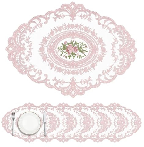 Privalace Tovaglietta Lavabili Retrò in Pizzo Intrecciate,6 Pezzi Tovagliette ovali ricamate per Cucina Natale e Feste Decor(Rosa) | Tovagliette lavabili in pizzo per sala da pranzo, decorazioni natalizie, feste di nozze, 43 x 32 cm