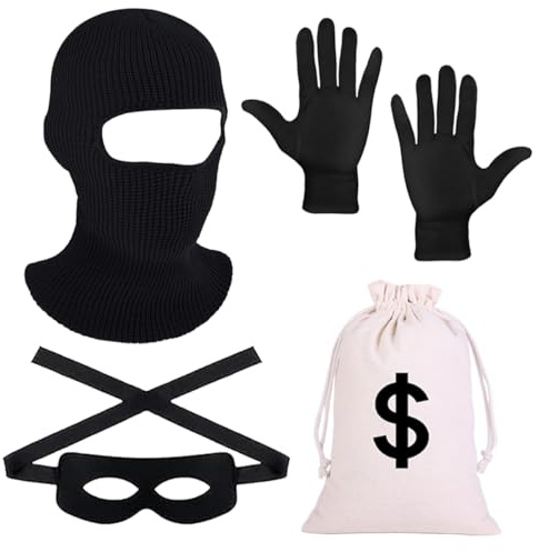 Bankräuber Kostüm, 4 Stück Dieb Kostüm Räuber Panzerknacker Karneval | Fasching Kostüm mit Geldsack Augenmaske Schwarz Dieb Maske Handschuhe, Faschingskostüme für Karneval Cosplay Mottoparty