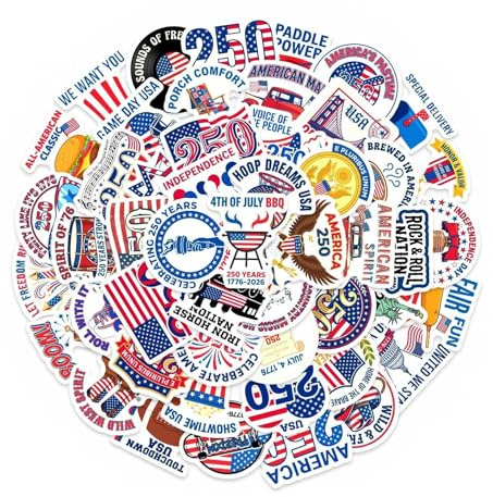 50Pcs 4th of July Theme Waterproof Vinyl Stickers - Independence Day Patriotic Stickers with American Flag & 250th Anniversary Designs 4th of July Party Favors for Water Bottle Laptop Phone Scrapbook