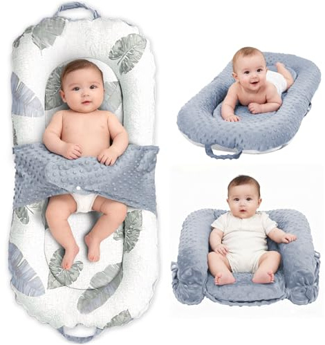 Asstikoo Nid bébé Babynest pour nouveau-né, 0 à 24 mois Chaise longue portable 3-en-1, coussin de ventre pliable et soutien assise bébé, housse amovible 100% coton et velours, idéal cadeau naissance