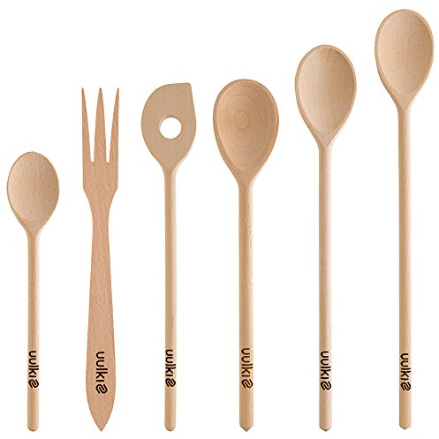 UULKI | Set di cucchiai da cucina in legno di faggio | 25-40 cm | Cucchiaio per mescolare, cucchiaio da forno, forchetta per cavoli | Cucchiaio in legno dall'Europa | 6 pezzi