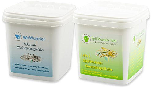 Reinigungstabs Vorratseimer je 100 Tabs Kombipaket WcWunder Tabs für Toiletten und SpülWunder für Spülmaschinen und Geschirr