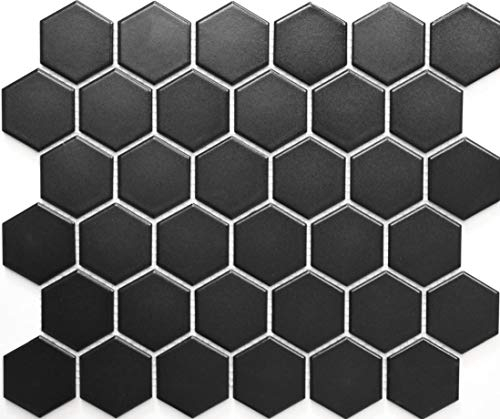 Mosaik Hexagon uni schwarz matt Keramik Mosaik, Mosaikstein Format: 51x59x5 mm, Bogengröße: 325x281 mm, 1 Bogen/Matte