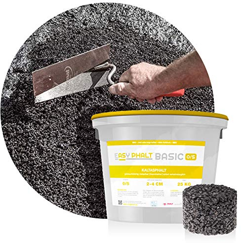 EASYPHALT BASIC Kaltasphalt 0-5 mm, 25 kg wiederverschließbarer Eimer, Reparaturasphalt, Ausbesserungsarbeiten, nicht reaktiv, gebrauchsfertig, lösemittelfrei, sofort verkehrstauglich