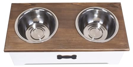 Luxury Dog Food Feeding Stand Station Stainless Double Raised Bowls Pet Feeder (White, Small)