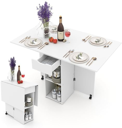 RELAX4LIFE Tavolo da Pranzo con Ante Ribaltabili e Ruote, Tavolo da Cucina Pieghevole con 2 Mensole di Stoccaggio e Cassetto, Console Espandibile Multifunzionale, Bianco
