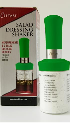 Cestari KItchen Glass Salad Dressing Shaker Bottle with Mixer Insert, 10 oz, Green – Leak-Proof Dispenser with Measurements and Recipes