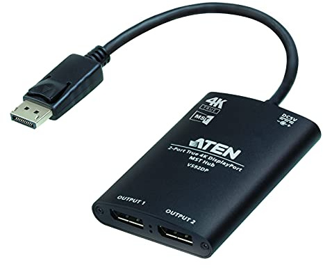ATEN, VS92DP, 2-Port True 4K DisplayPort MST Hub, unterstützt bis zu 4K@60Hz (4:4:4) Videoauflösung, HDR Dolby, TrueHD und DTS-HD, Master Audio 7,1, MST Mirror Mode/Extend/Videowall Mode