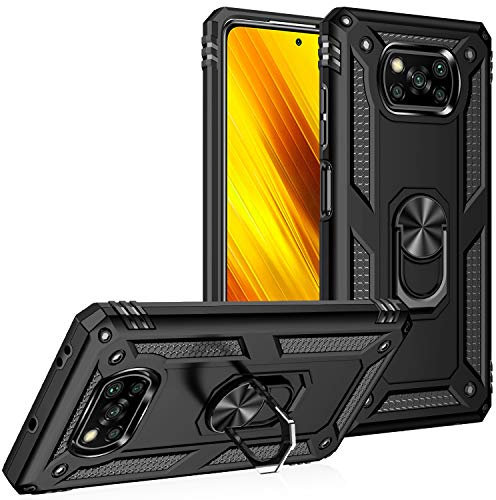 BestST Hülle für Xiaomi Poco X3 Pro/Poco X3 NFC + schutzfolie,HandyHülle für Xiaomi Poco X3 Pro/Poco X3 NFC Cover,Armor Stoßfest TPU PC Schutzhülle Ringhalter Handytasche Case Handy Hüllen,Schwarz