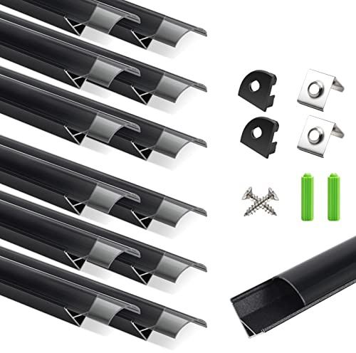 LightingWill 12-Pack 1 m/3.3 ft LED Aluminium Profile, Black V-Shape LED Channel with Crystal Smoke Diffuser, End Caps and Mounting Clips for LED Strip Lights
