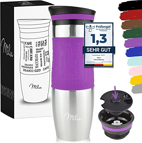 Milu Mug Isotherme Etanche 370ml, 450ml I Thermo Café-Thé I Tasse isolée pour café et thé à emporter, Double Paroi Isolée sous Vide, Acier Inoxydable I Tasse de voyage Chaud & froid (450ml, Pourpre)