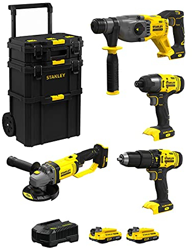 STANLEY FatMax Kit SVK400 (Kombihammer SFMCH900 + Mini-Schleifer SFMCG400 + Schlagbohrschrauber SFMCD711 + Schlagschrauber SFMCF800 + 2 Batterien 2,0 Ah + Ladegerät + Caddy 3in1)