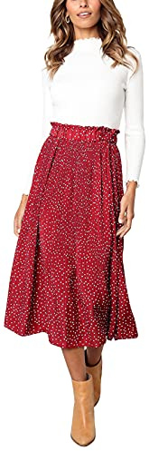 Hoerev Frauen Print Punkt mit Taschen Falten Langer Rock Beach Party Maxi Rock