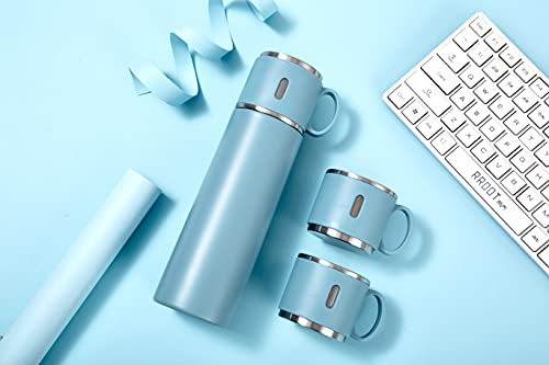Vacuum Insulated Flask 500ml/17.6oz Stainless Steel Thermo Bottle with Cup for Coffee Tea Hot Drink and Cold Drink Travel Mug (Blue)
