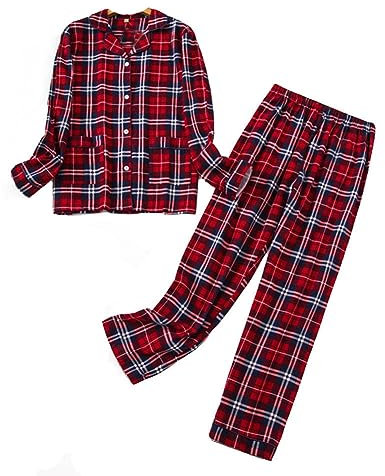 DSKK Ensemble de Pyjama pour Femme Flanelle Coton Confortable Boutonné Manches Longues Chemise et Pantalons (Rouge,L)