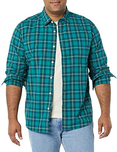 Amazon Essentials Chemise en Popeline Extensible À Manches Longues Et Coupe Standard Homme, Or Vert À Carreaux, XS