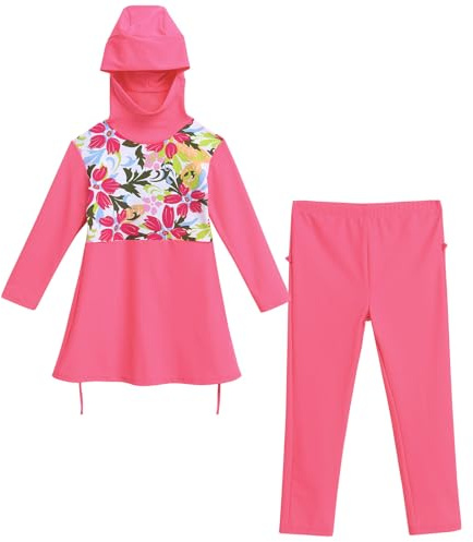 IBAKOM Kinder Kleinkind Mädchen Modest Bademode 2 Stück Burkini Langarm/Kurzarm Rash Guard Badeanzug Top Hose Strandkleidung Surfen Muslimisch Islamischer Badeanzüge 1# Rosa 11-12 Jahre