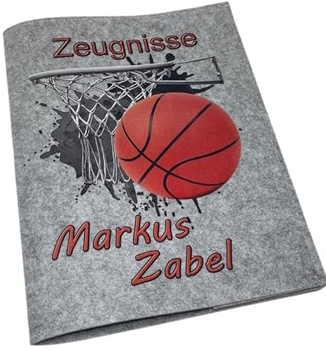 Zeugnismappe mit Namen - Mädchen und Jungen - Personalisiert Filz A4 Basketball Orange - Dokumenten Urkunden Mappe Kinder - Hefter Zeugnisse - Sichtbuch